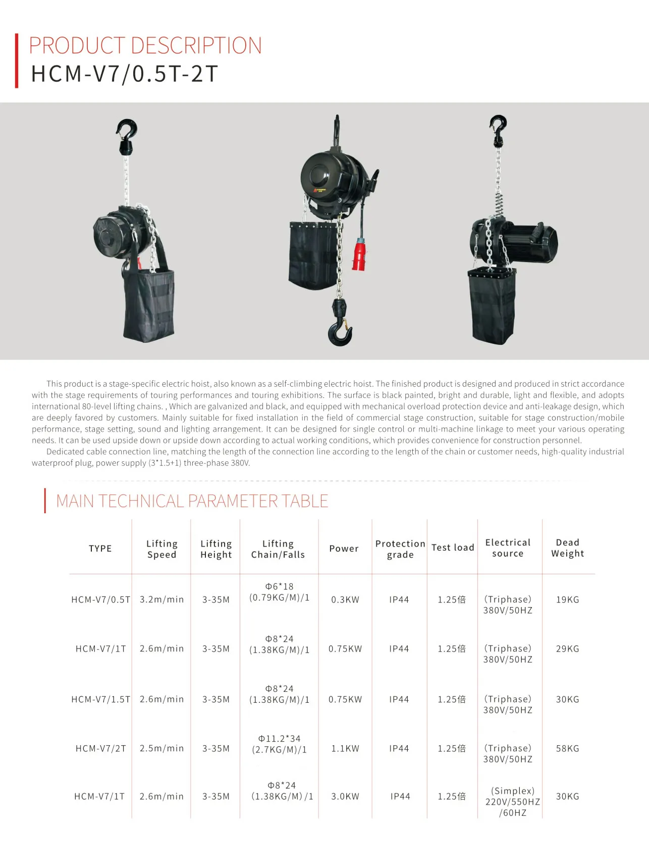 Technical Parameters of Stage Electric Hoist